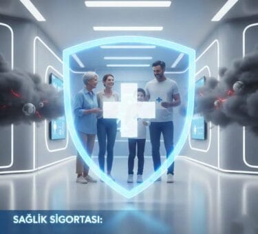 2025 sağlık sigortası koruyucu kalkan konsepti: Modern dijital doktorlar ve futuristik mavi shield ile sağlık koruması &ndash; tamamlayıcı ve &ouml;zel sigorta rehberi