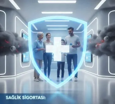 2025 sağlık sigortası koruyucu kalkan konsepti: Modern dijital doktorlar ve futuristik mavi shield ile sağlık koruması – tamamlayıcı ve özel sigorta rehberi