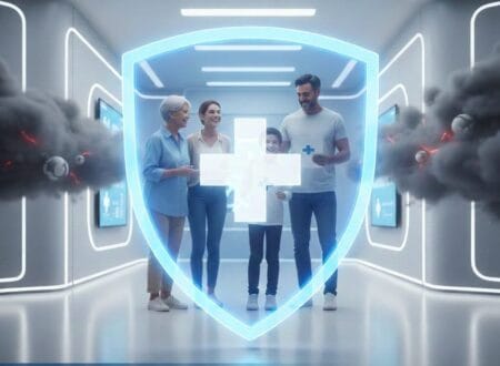 2025 sağlık sigortası koruyucu kalkan konsepti: Modern dijital doktorlar ve futuristik mavi shield ile sağlık koruması – tamamlayıcı ve özel sigorta rehberi