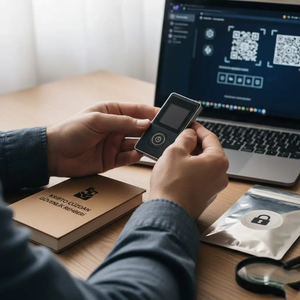 Kripto cüzdan güvenliği için bilgisayar ve telefonda seed phrase ve 2FA doğrulama işlemi