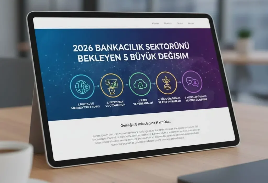 2026 yılında bankacılık sektörünü etkilemesi beklenen dijitalleşme, yapay zekâ, veri analitiği ve sürdürülebilirlik odaklı dönüşümleri gösteren bilgilendirici görsel
