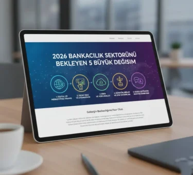 2026 yılında bankacılık sektörünü etkilemesi beklenen dijitalleşme, yapay zekâ, veri analitiği ve sürdürülebilirlik odaklı dönüşümleri gösteren bilgilendirici görsel