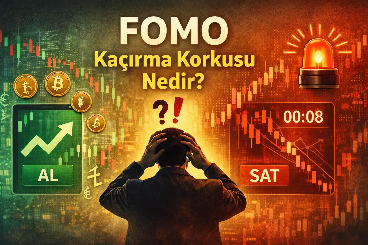 FOMO (Kaçırma Korkusu) yaşayan bireyin sosyal medya, yatırım ve dijital bildirimler arasında kaygı hissetmesini anlatan görsel