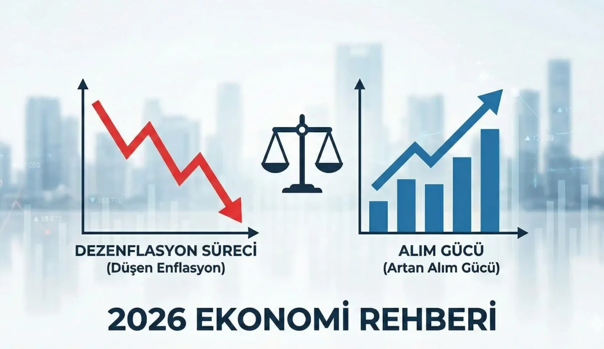 2026 Ekonomi Rehberi: Dezenflasyon süreci ve alım gücü arasındaki ilişkiyi gösteren düşen enflasyon grafiği ve artan alım gücü tablosu.