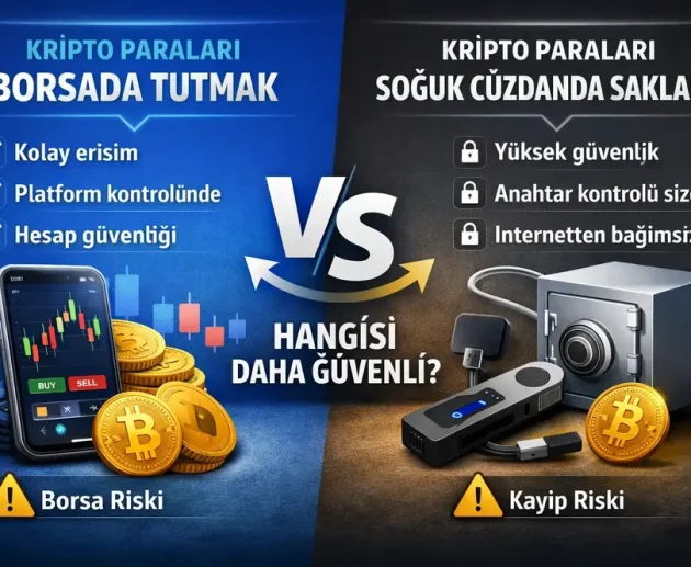 Kripto paraları borsada tutmak ile soğuk cüzdanda saklamak arasındaki farkları karşılaştıran görsel; kolay erişim, platform kontrolü, yüksek güvenlik ve anahtar kontrolü gibi unsurları gösteriyor.