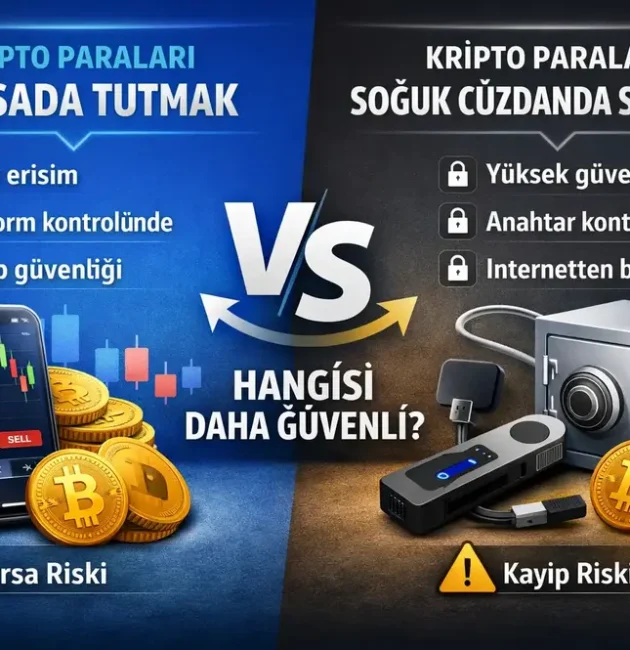 Kripto paraları borsada tutmak ile soğuk cüzdanda saklamak arasındaki farkları karşılaştıran görsel; kolay erişim, platform kontrolü, yüksek güvenlik ve anahtar kontrolü gibi unsurları gösteriyor.