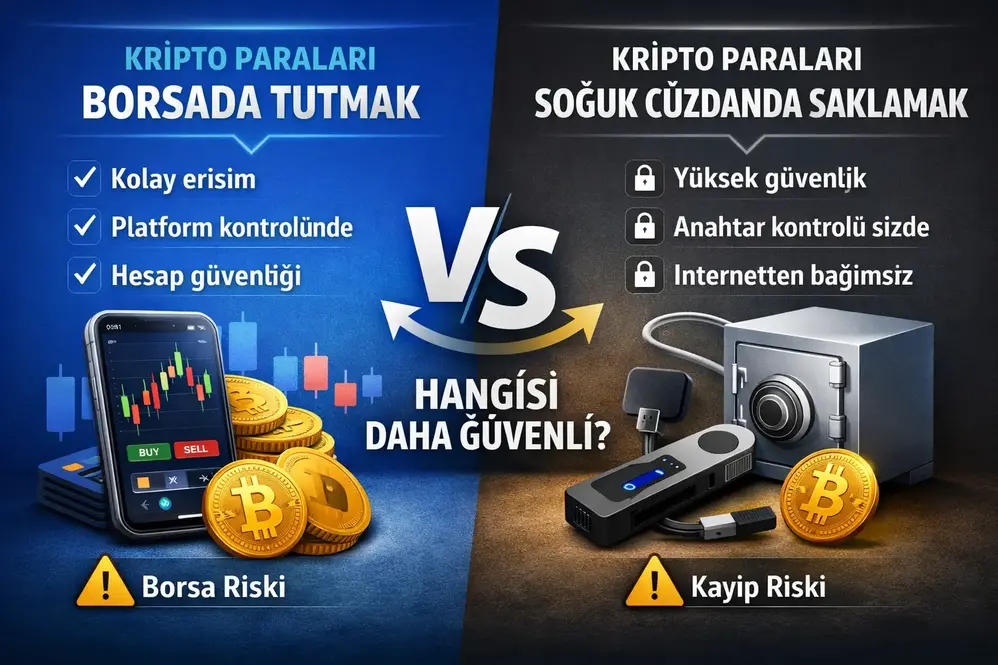 Kripto paraları borsada tutmak ile soğuk cüzdanda saklamak arasındaki farkları karşılaştıran görsel; kolay erişim, platform kontrolü, yüksek güvenlik ve anahtar kontrolü gibi unsurları gösteriyor.