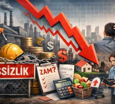 The visual, which explains the effects of the decline in industrial production on economic slowdown, unemployment, rising prices, and the household budget, features a factory, a falling arrow, a shopping cart, and worried people.
