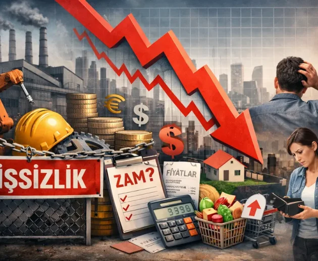 The visual, which explains the effects of the decline in industrial production on economic slowdown, unemployment, rising prices, and the household budget, features a factory, a falling arrow, a shopping cart, and worried people.