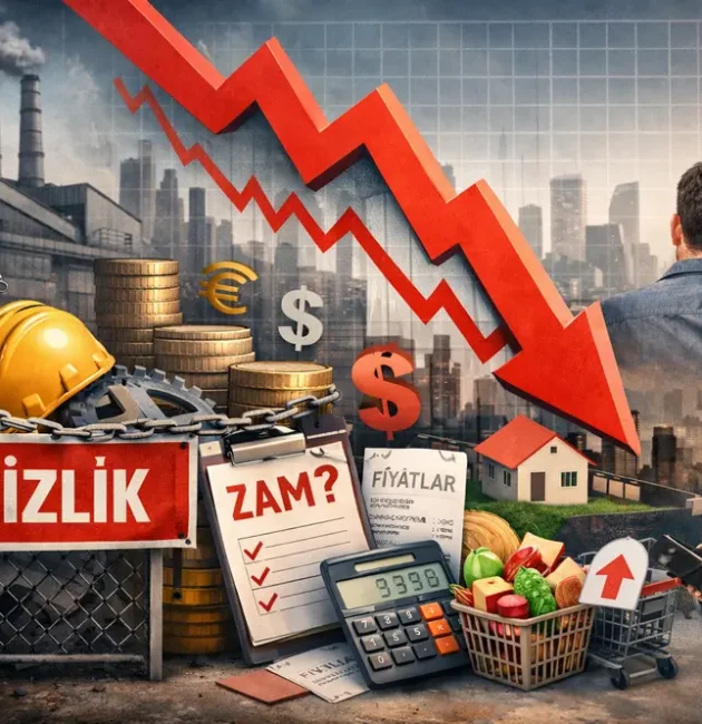 The visual, which explains the effects of the decline in industrial production on economic slowdown, unemployment, rising prices, and the household budget, features a factory, a falling arrow, a shopping cart, and worried people.