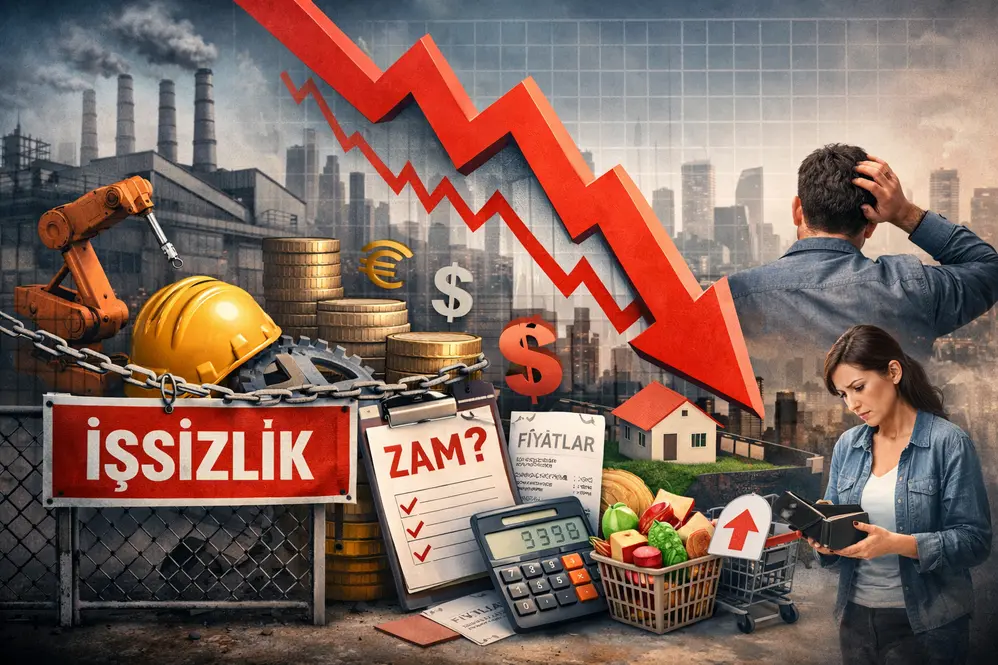 The visual, which explains the effects of the decline in industrial production on economic slowdown, unemployment, rising prices, and the household budget, features a factory, a falling arrow, a shopping cart, and worried people.