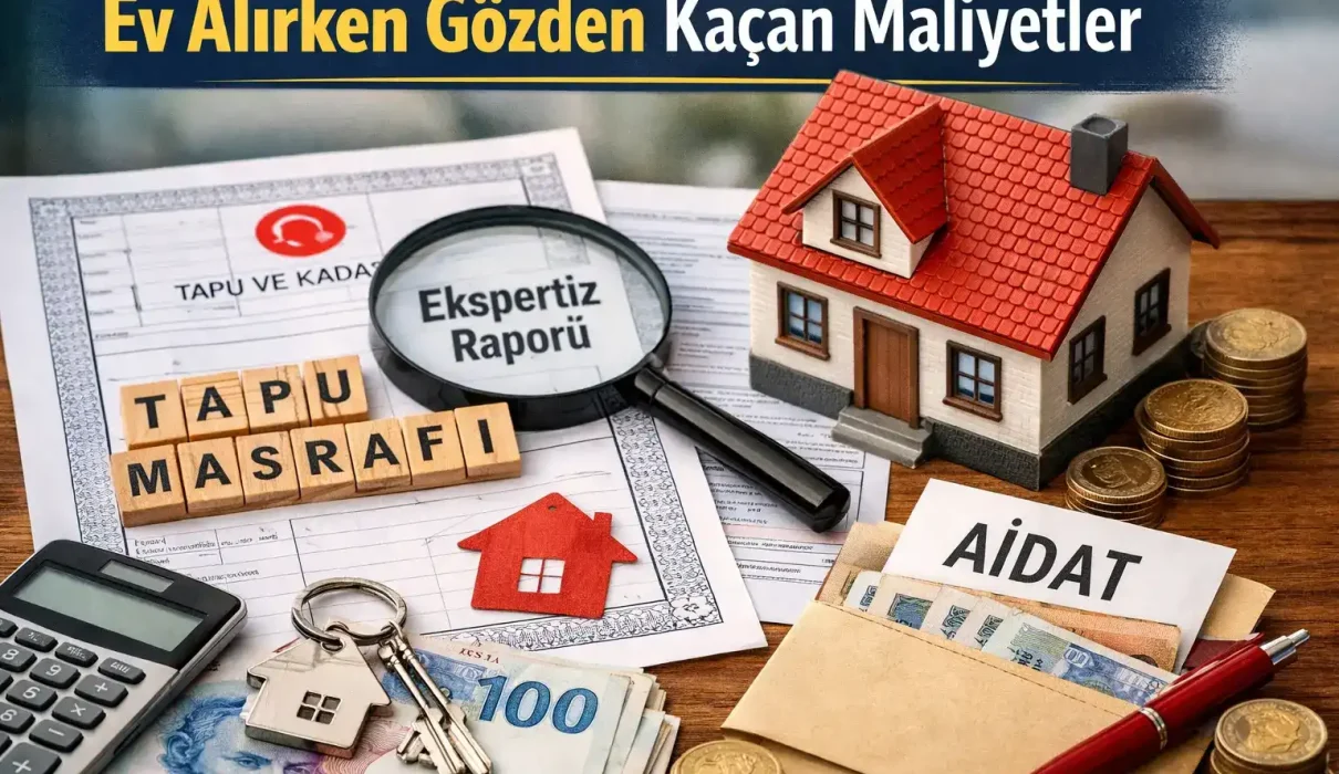 Ev alırken gözden kaçan maliyetleri anlatan görsel; tapu masrafı, ekspertiz raporu, aidat, hesap makinesi, para, anahtar ve ev maketi yer alıyor.