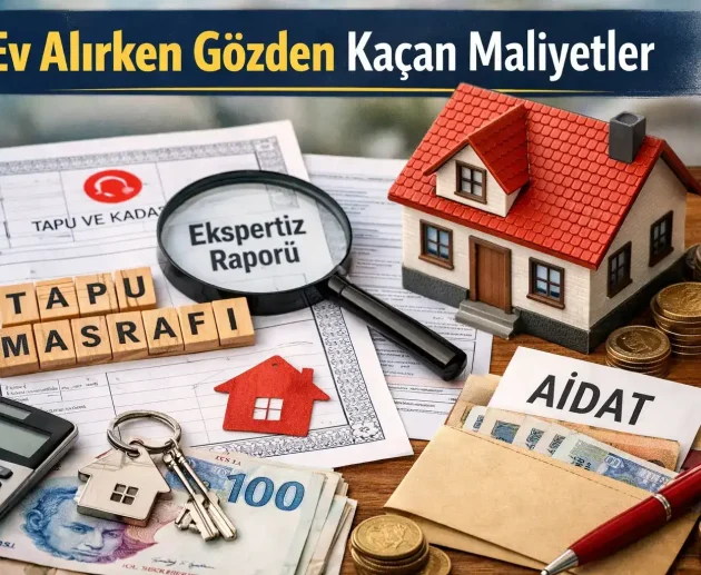 Ev alırken gözden kaçan maliyetleri anlatan görsel; tapu masrafı, ekspertiz raporu, aidat, hesap makinesi, para, anahtar ve ev maketi yer alıyor.