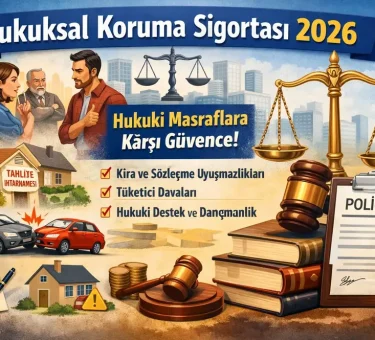 Hukuksal koruma sigortasını anlatan illüstrasyonda terazi, tokmak, poliçe belgesi, ev ve araç simgeleriyle kira uyuşmazlıkları, tüketici davaları ve hukuki masraflara karşı güvence teması vurgulanıyor.