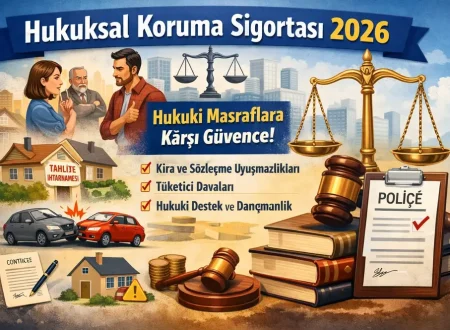 Hukuksal koruma sigortasını anlatan illüstrasyonda terazi, tokmak, poliçe belgesi, ev ve araç simgeleriyle kira uyuşmazlıkları, tüketici davaları ve hukuki masraflara karşı güvence teması vurgulanıyor.