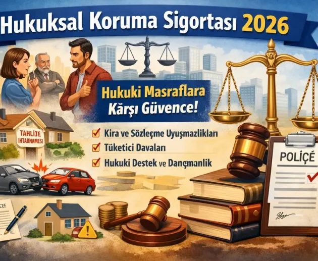 Hukuksal koruma sigortasını anlatan illüstrasyonda terazi, tokmak, poliçe belgesi, ev ve araç simgeleriyle kira uyuşmazlıkları, tüketici davaları ve hukuki masraflara karşı güvence teması vurgulanıyor.