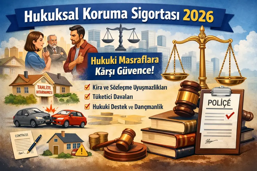 Hukuksal koruma sigortasını anlatan illüstrasyonda terazi, tokmak, poliçe belgesi, ev ve araç simgeleriyle kira uyuşmazlıkları, tüketici davaları ve hukuki masraflara karşı güvence teması vurgulanıyor.