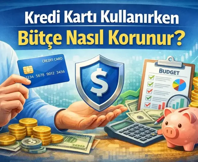 Kredi kartı, hesap makinesi, bütçe panosu, para birimleri ve kumbara ile bütçe koruma temasını anlatan finans illüstrasyonu.