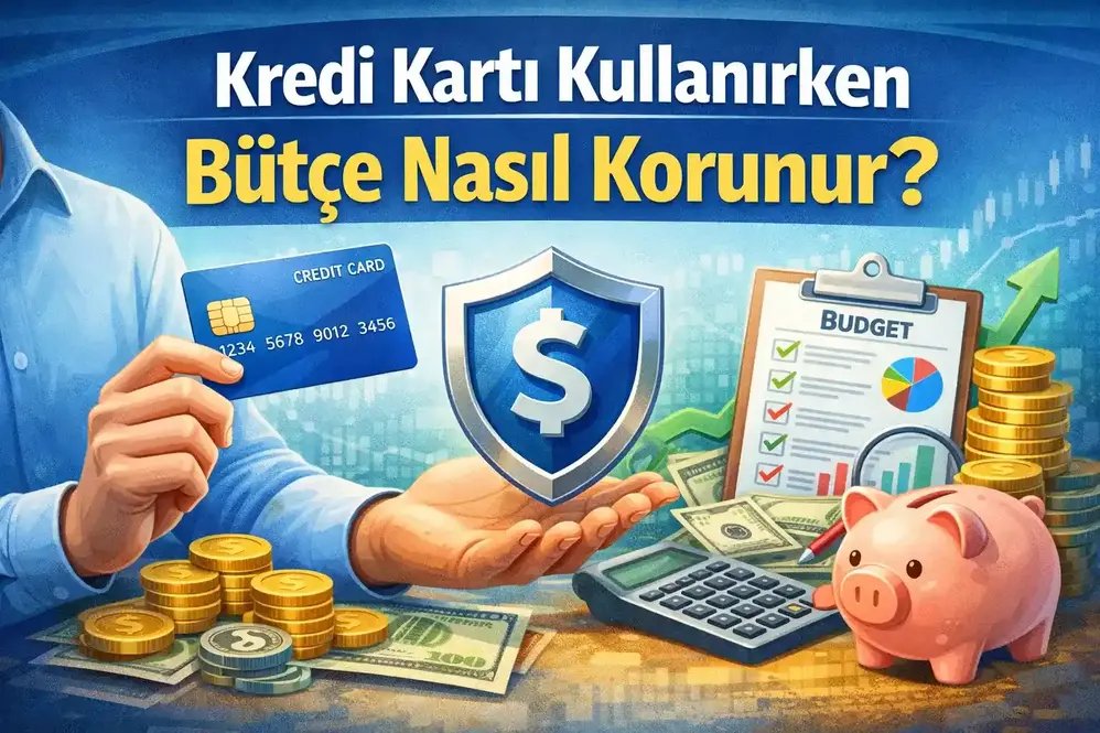 Kredi kartı, hesap makinesi, bütçe panosu, para birimleri ve kumbara ile bütçe koruma temasını anlatan finans illüstrasyonu.