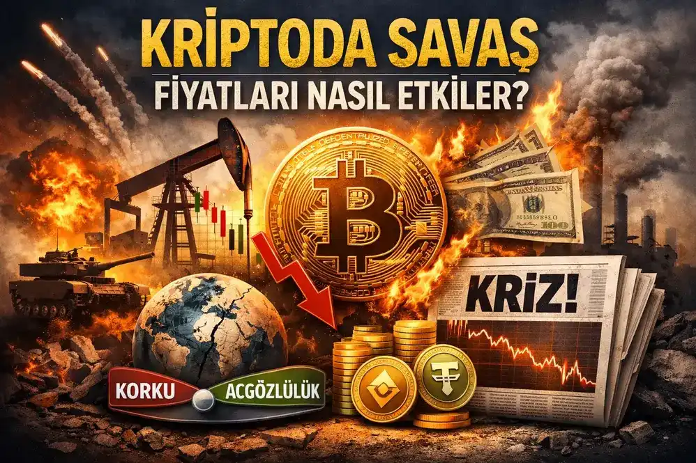 Kripto piyasasında savaş ve kriz etkisini anlatan görselde; alevler, tank, petrol pompası, düşen grafik, Bitcoin simgesi ve “Korku–Açgözlülük” göstergesi yer alıyor.