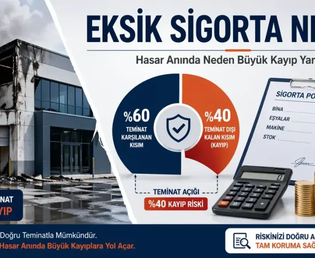 Eksik sigortanın hasar anında oluşturduğu maddi kaybı anlatan, hasarlı bina ve teminat a&ccedil;ığı grafiği i&ccedil;eren blog g&ouml;rseli.