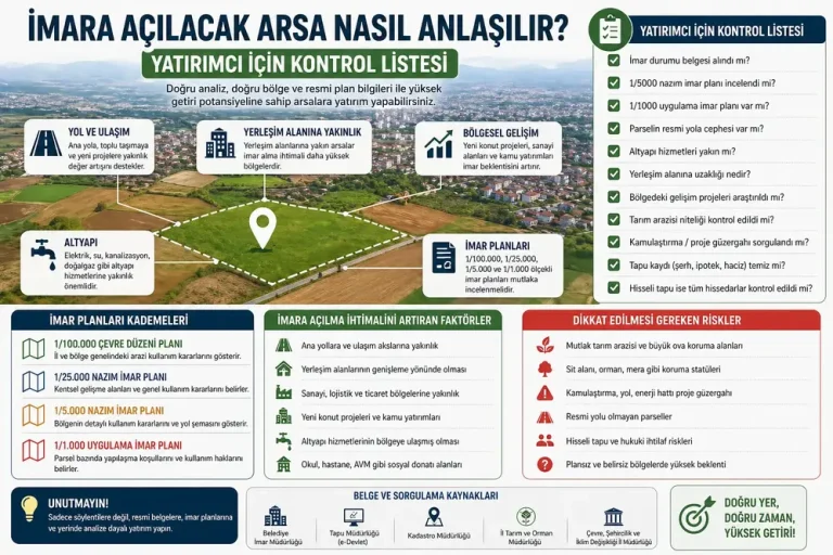 İmara açılacak arsa nasıl anlaşılır konulu; imar planı, yol, altyapı, yerleşim yakınlığı, bölgesel gelişim ve yatırımcı kontrol listesini gösteren emlak yatırım infografiği.