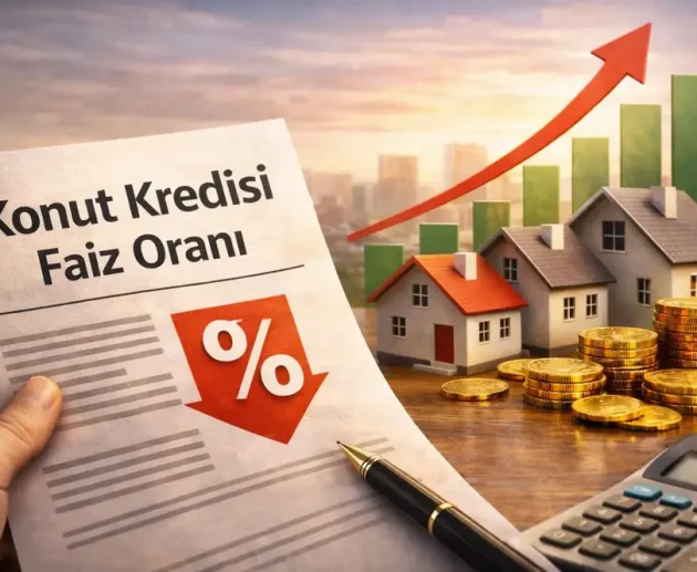 Konut kredisi faiz oranı d&uuml;şerken ev fiyatlarının y&uuml;kselişini anlatan T&uuml;rk&ccedil;e emlak g&ouml;rseli.