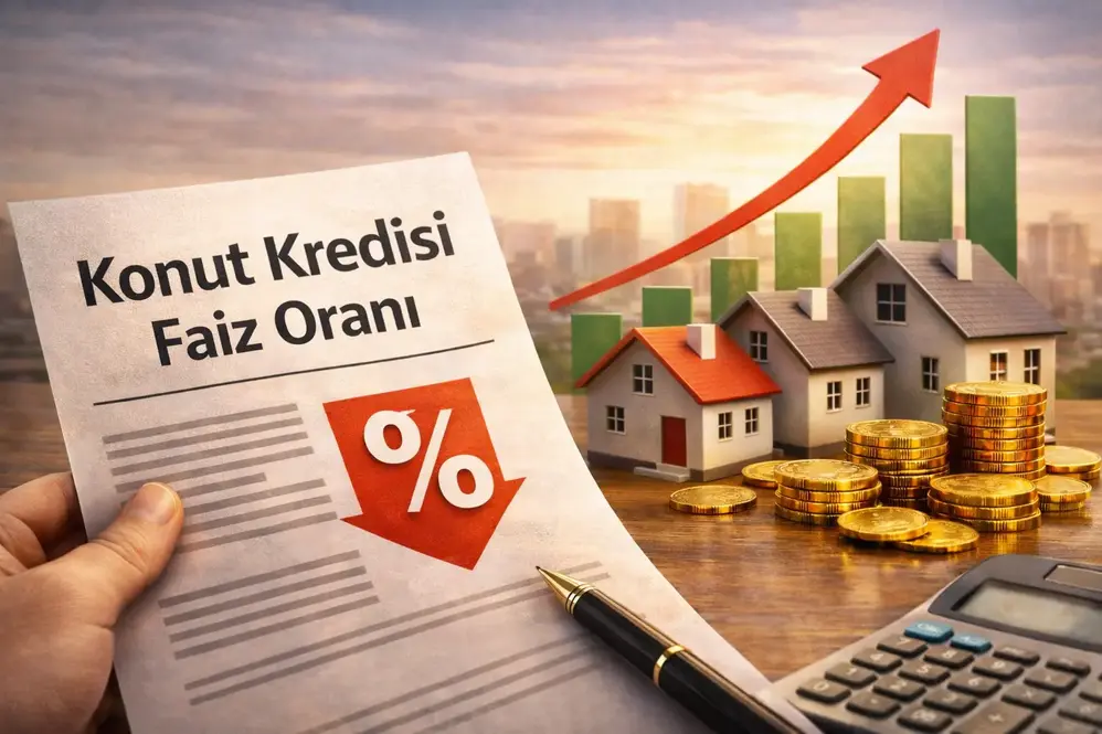 Konut kredisi faiz oranı d&uuml;şerken ev fiyatlarının y&uuml;kselişini anlatan T&uuml;rk&ccedil;e emlak g&ouml;rseli.