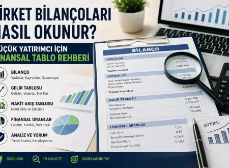 Şirket bilançoları nasıl okunur konulu; bilanço, gelir tablosu, nakit akışı ve finansal oranları gösteren yatırım analizi görseli.