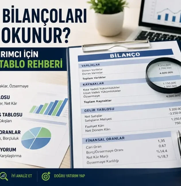 Şirket bilan&ccedil;oları nasıl okunur konulu; bilan&ccedil;o, gelir tablosu, nakit akışı ve finansal oranları g&ouml;steren yatırım analizi g&ouml;rseli.