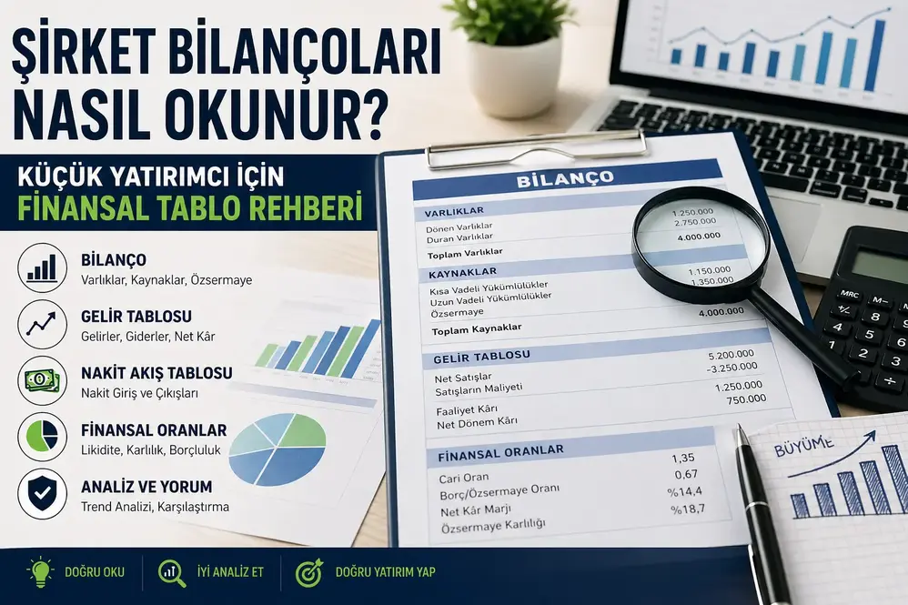 Şirket bilan&ccedil;oları nasıl okunur konulu; bilan&ccedil;o, gelir tablosu, nakit akışı ve finansal oranları g&ouml;steren yatırım analizi g&ouml;rseli.