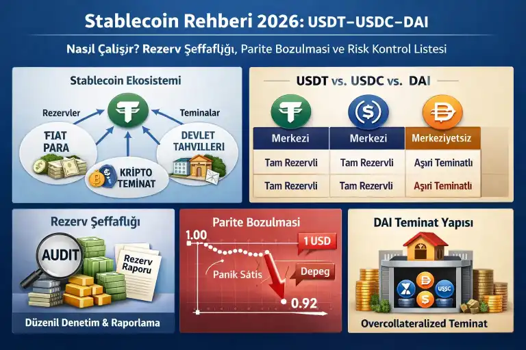 Stablecoin Rehberi 2026: USDT–USDC–DAI Nasıl Çalışır? Rezerv Şeffaflığı, Parite Bozulması ve Risk Kontrol Listesi