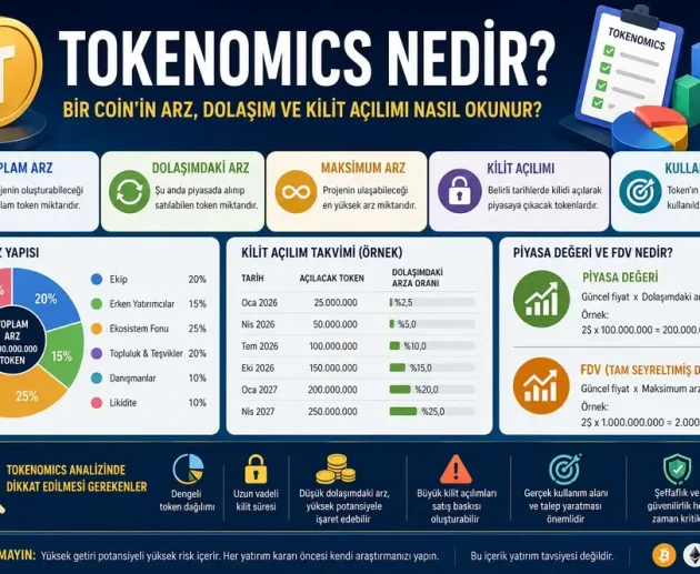 Tokenomics nedir konulu; coin arzı, dolaşımdaki arz, maksimum arz, kilit a&ccedil;ılımı, token dağılımı, piyasa değeri ve FDV kavramlarını anlatan kripto para analiz infografiği.