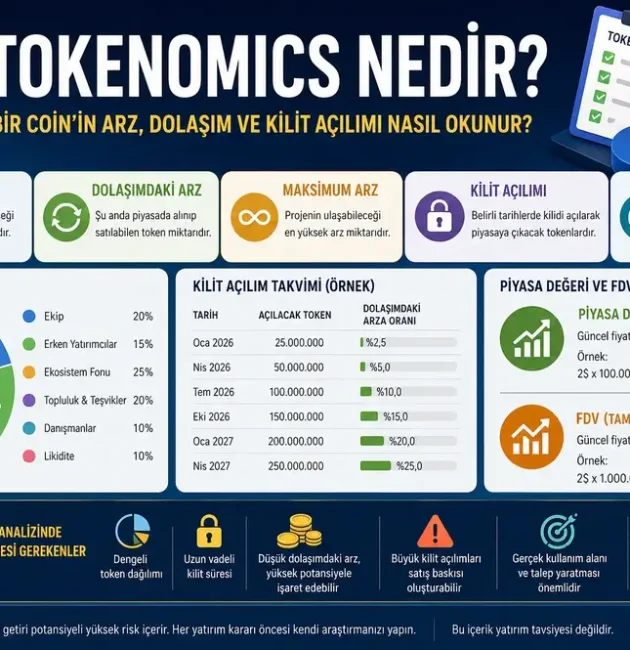 Tokenomics nedir konulu; coin arzı, dolaşımdaki arz, maksimum arz, kilit a&ccedil;ılımı, token dağılımı, piyasa değeri ve FDV kavramlarını anlatan kripto para analiz infografiği.