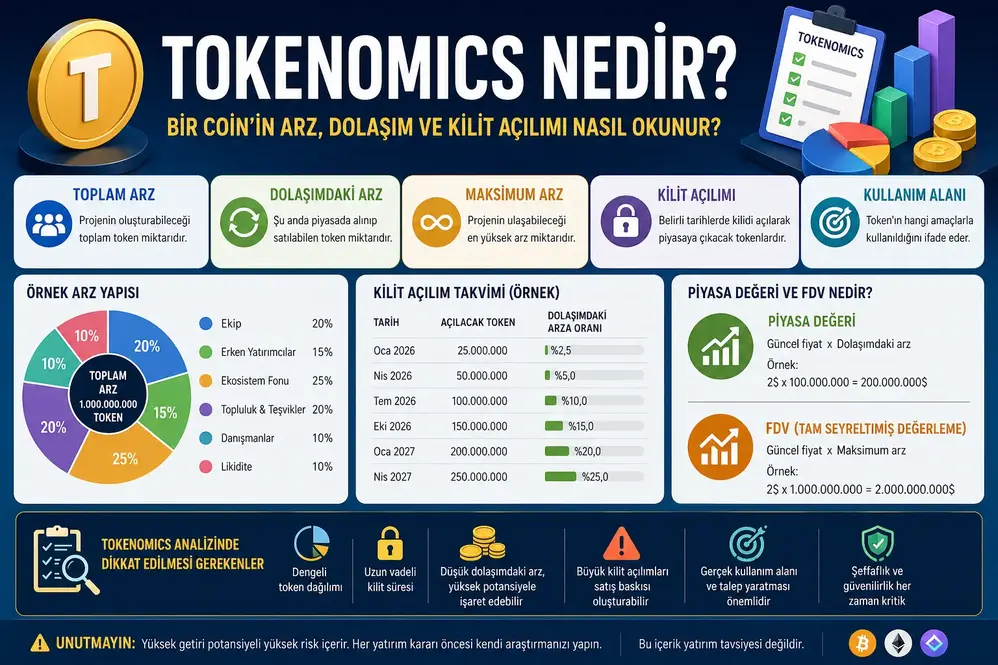 Tokenomics nedir konulu; coin arzı, dolaşımdaki arz, maksimum arz, kilit a&ccedil;ılımı, token dağılımı, piyasa değeri ve FDV kavramlarını anlatan kripto para analiz infografiği.