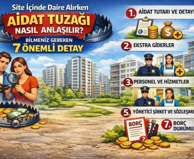 Site içinde daire alırken aidat tuzağını anlatan, 7 önemli detayı gösteren bilgilendirici görsel.