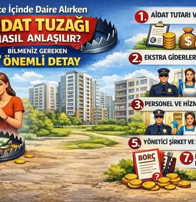 Site içinde daire alırken aidat tuzağını anlatan, 7 önemli detayı gösteren bilgilendirici görsel.