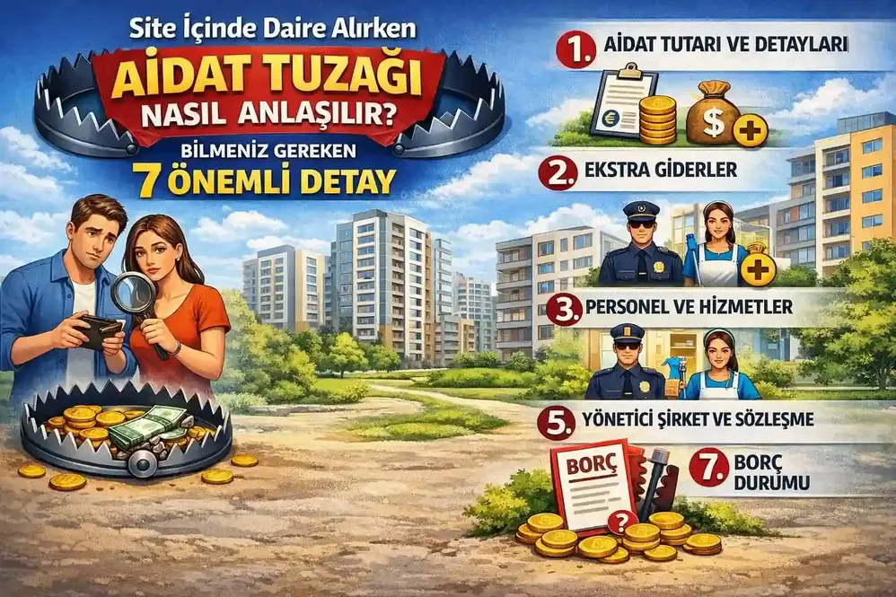 Site içinde daire alırken aidat tuzağını anlatan, 7 önemli detayı gösteren bilgilendirici görsel.