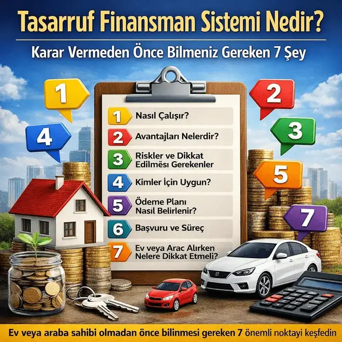 Tasarruf finansman sistemi hakkında bilgi veren infografik; ev, araç, birikim, ödeme planı ve dikkat edilmesi gereken 7 önemli noktayı gösteren görsel.