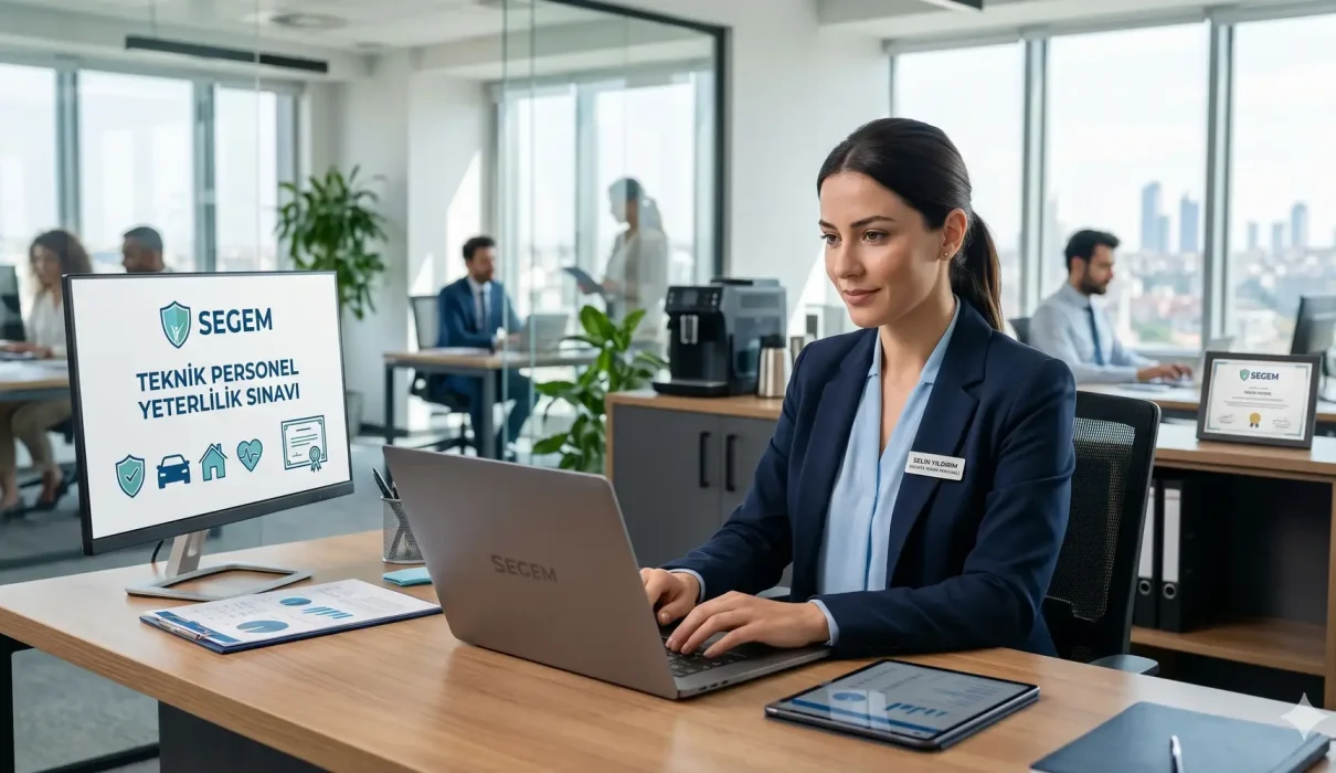 Modern ofis ortamında bilgisayarında çalışan profesyonel sigortacı ve ekranda SEGEM Teknik Personel Yeterlilik Sınavı logosu.