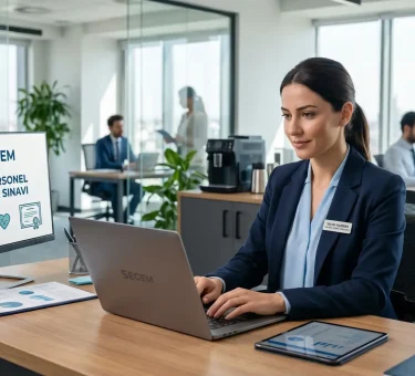 Modern ofis ortamında bilgisayarında çalışan profesyonel sigortacı ve ekranda SEGEM Teknik Personel Yeterlilik Sınavı logosu.