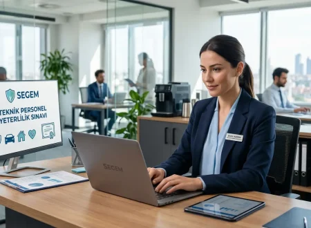 Modern ofis ortamında bilgisayarında çalışan profesyonel sigortacı ve ekranda SEGEM Teknik Personel Yeterlilik Sınavı logosu.
