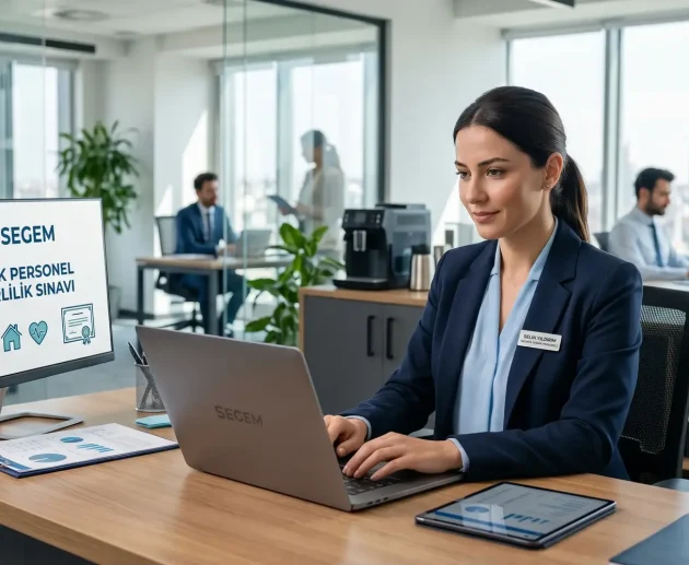 Modern ofis ortamında bilgisayarında çalışan profesyonel sigortacı ve ekranda SEGEM Teknik Personel Yeterlilik Sınavı logosu.