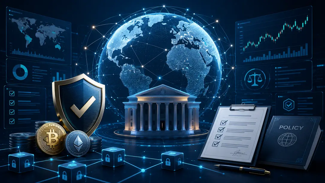 crypto asset governance market oversight: an abstract institutional overview representing crypto asset governance and global