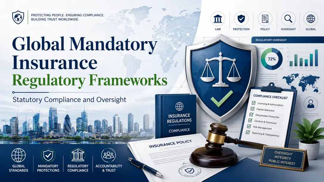 Diagram illustrating a mandatory insurance regulatory framework and global compliance checkpoints.