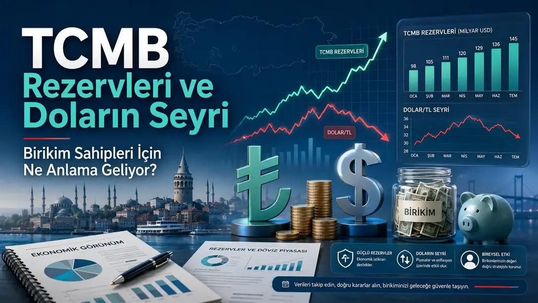 TCMB rezervleri ve dolar/TL seyrini gösteren grafikler, Türk lirası ve dolar sembolleri ile birikim sahipleri üzerindeki