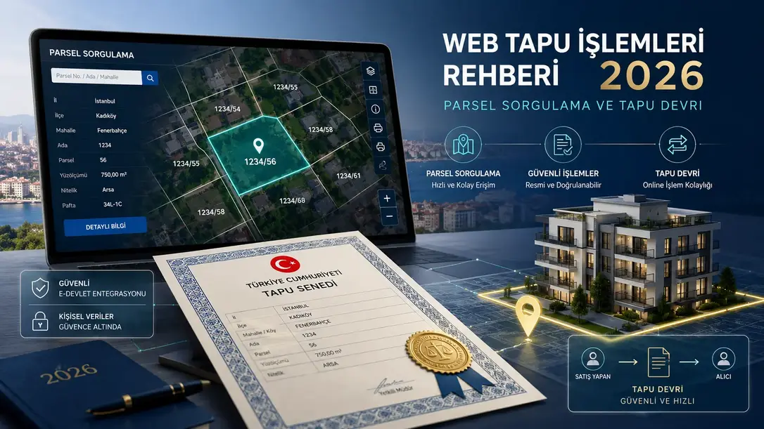 2026 web tapu işlemlerini anlatan, parsel sorgulama ekranı, tapu senedi, modern konut görseli ve güvenli tapu devri