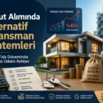Modern konut, ev anahtarları, hesap makinesi, birikim kavanozu ve yükselen faiz grafiğiyle konut alımında alternatif