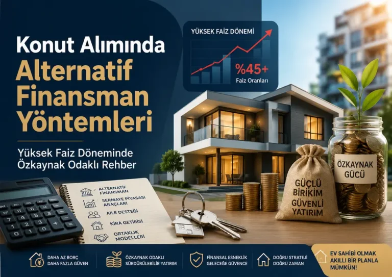 Modern konut, ev anahtarları, hesap makinesi, birikim kavanozu ve yükselen faiz grafiğiyle konut alımında alternatif