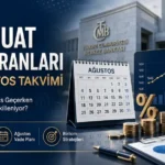 Merkez Bankası binası önünde Ağustos takvimi, faiz grafiği, yüzde simgesi ve madeni paralarla tasarlanmış; mevduat faizi